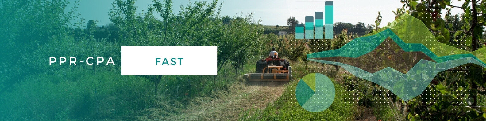 Bannière du projet FAST avec un verger agroécologique avec des graphiques en surimpression