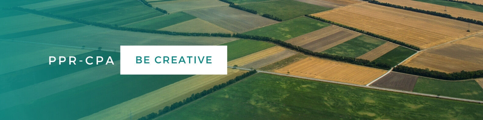 Bannière du projet BE CREATIVE montrant des parcelles de cultures variées.